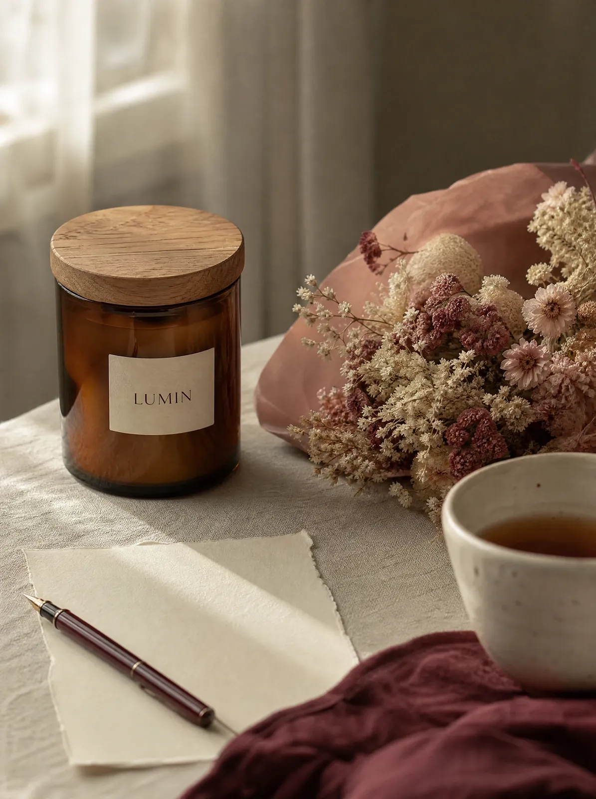 Low Light with dried flowers and a card
